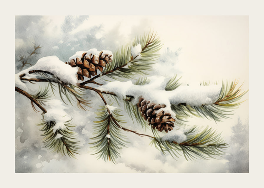 Watercolor of pine cones and coniferous branches with snow-12