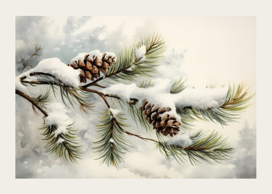 Akvarell fenyőtobozokról és tűlevelű ágakról hóval-12