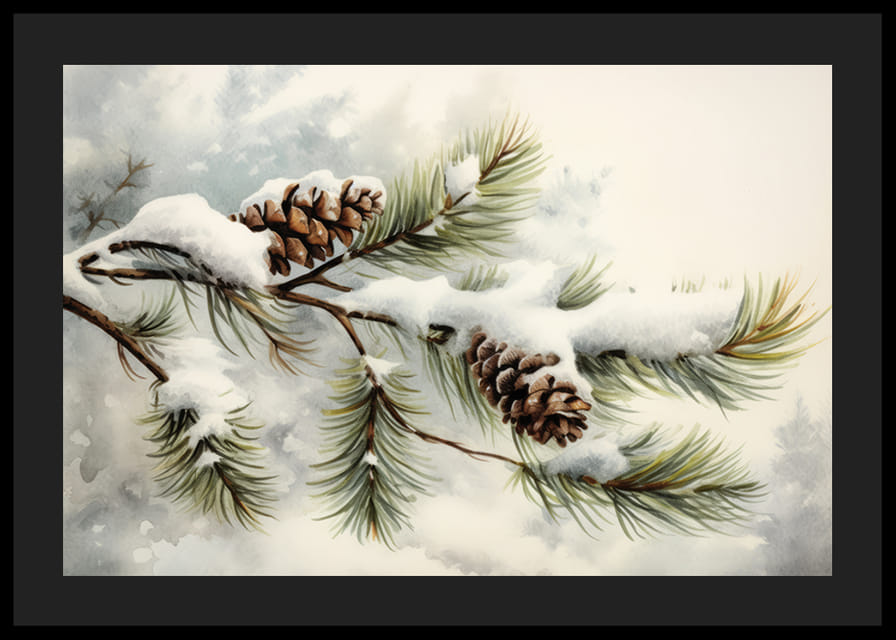 Akvarell fenyőtobozokról és tűlevelű ágakról hóval-12