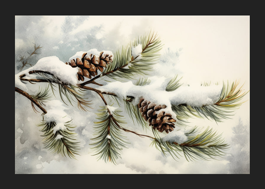 Watercolor of pine cones and coniferous branches with snow-12