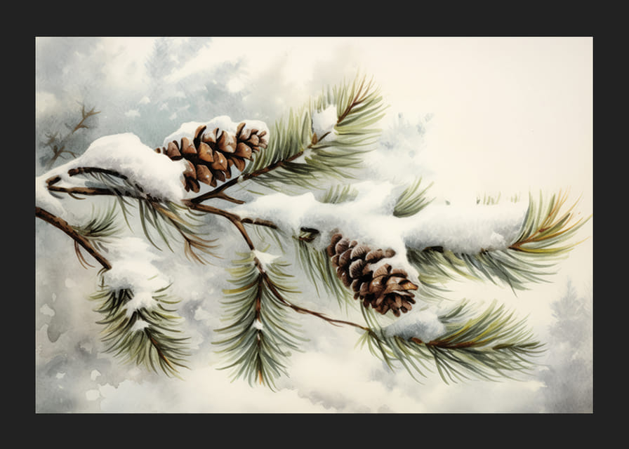 Akvarell fenyőtobozokról és tűlevelű ágakról hóval-12