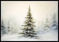 Watercolor painting of snow-covered fir tree against light, foggy winter background-6