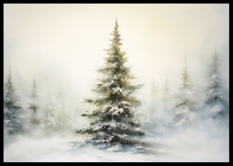 Watercolor painting of snow-covered fir tree against light, foggy winter background-12