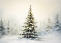 Watercolor painting of snow-covered fir tree against light, foggy winter background-7