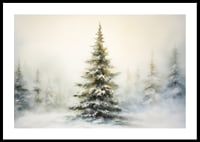 Watercolor painting of snow-covered fir tree against light, foggy winter background-0