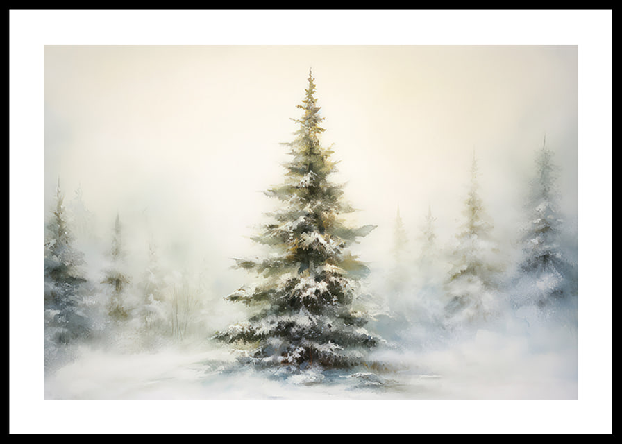 Watercolor painting of snow-covered fir tree against light, foggy winter background-12