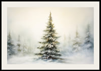Watercolor painting of snow-covered fir tree against light, foggy winter background-2