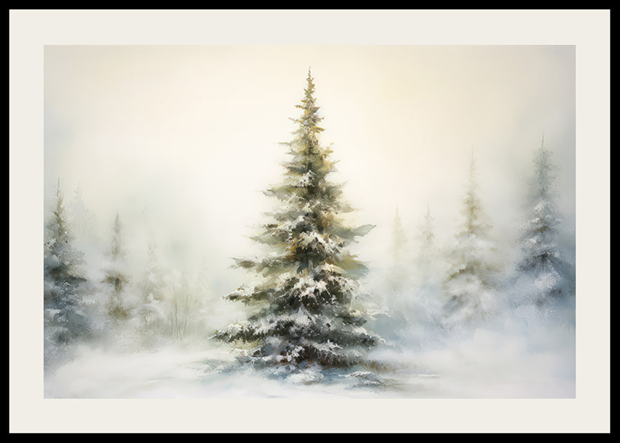 Watercolor painting of snow-covered fir tree against light, foggy winter background-12