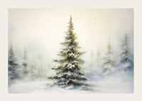 Watercolor painting of snow-covered fir tree against light, foggy winter background-3