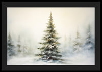 Watercolor painting of snow-covered fir tree against light, foggy winter background-4