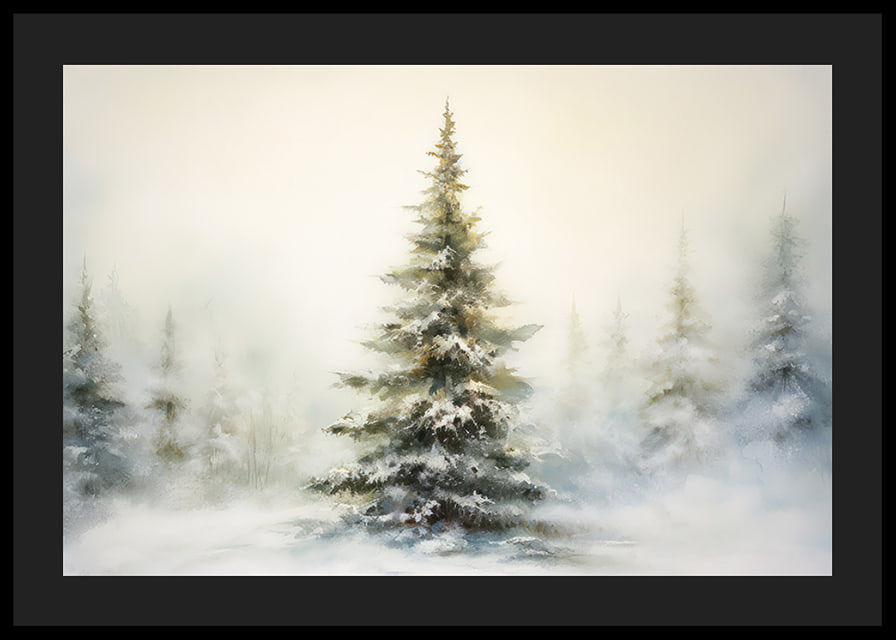 Watercolor painting of snow-covered fir tree against light, foggy winter background-12