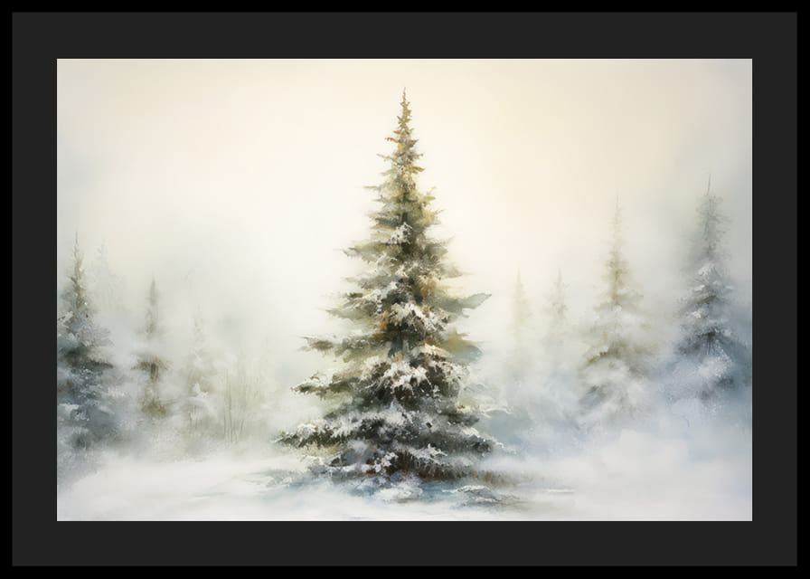 Aquarelschilderij van met sneeuw bedekte spar tegen een lichte, mistige winterachtergrond-12