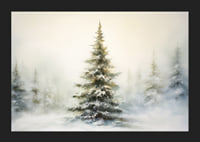 Watercolor painting of snow-covered fir tree against light, foggy winter background-5