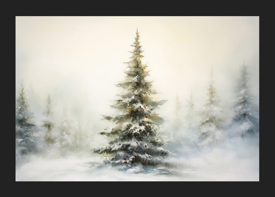 Aquarelschilderij van met sneeuw bedekte spar tegen een lichte, mistige winterachtergrond-12