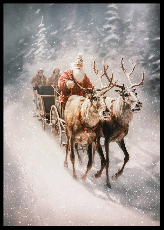 Illustrated Santa with two reindeer in snowy winter landscape-12