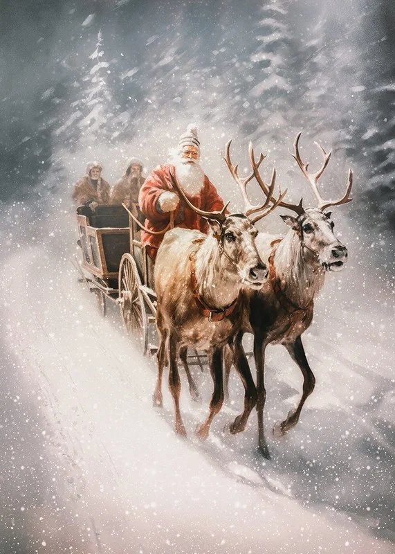 Illustrated Santa with two reindeer in snowy winter landscape-12