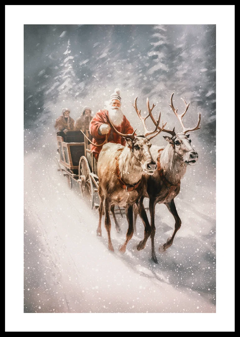 Illustrated Santa with two reindeer in snowy winter landscape-12