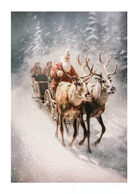 Illustrated Santa with two reindeer in snowy winter landscape-1