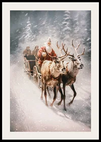 Illustrated Santa with two reindeer in snowy winter landscape-2