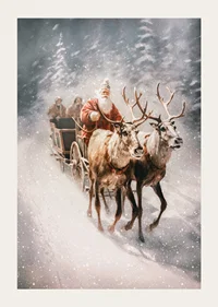 Illustrated Santa with two reindeer in snowy winter landscape-3