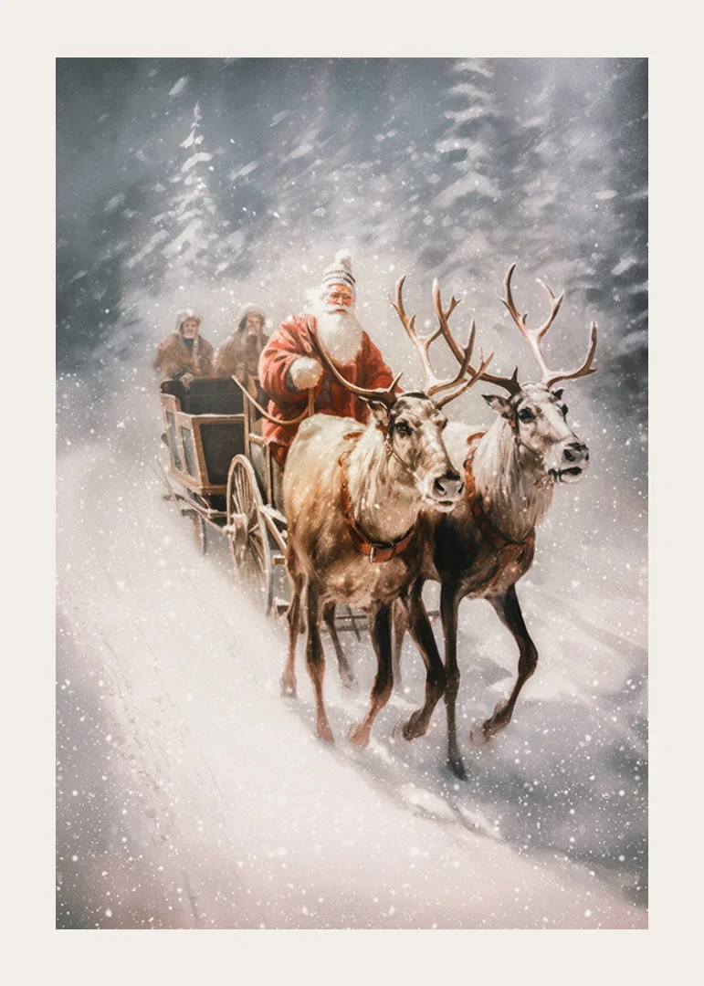 Illustrated Santa with two reindeer in snowy winter landscape-12