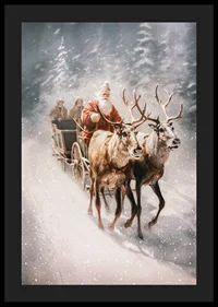 Illustrated Santa with two reindeer in snowy winter landscape-4