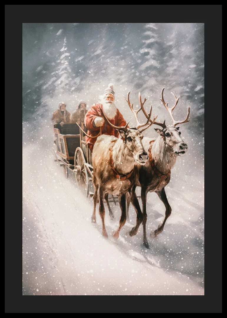 Illustrated Santa with two reindeer in snowy winter landscape-12