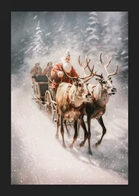 Illustrated Santa with two reindeer in snowy winter landscape-5
