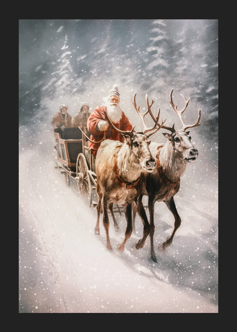 Illustrated Santa with two reindeer in snowy winter landscape-12