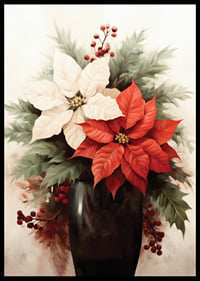 Watercolor of red and white poinsettias in dark vase-6