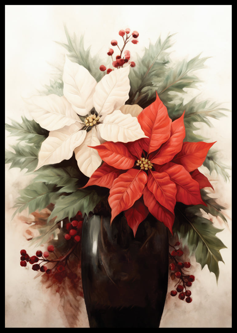 Watercolor of red and white poinsettias in dark vase-12