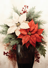 Watercolor of red and white poinsettias in dark vase-7