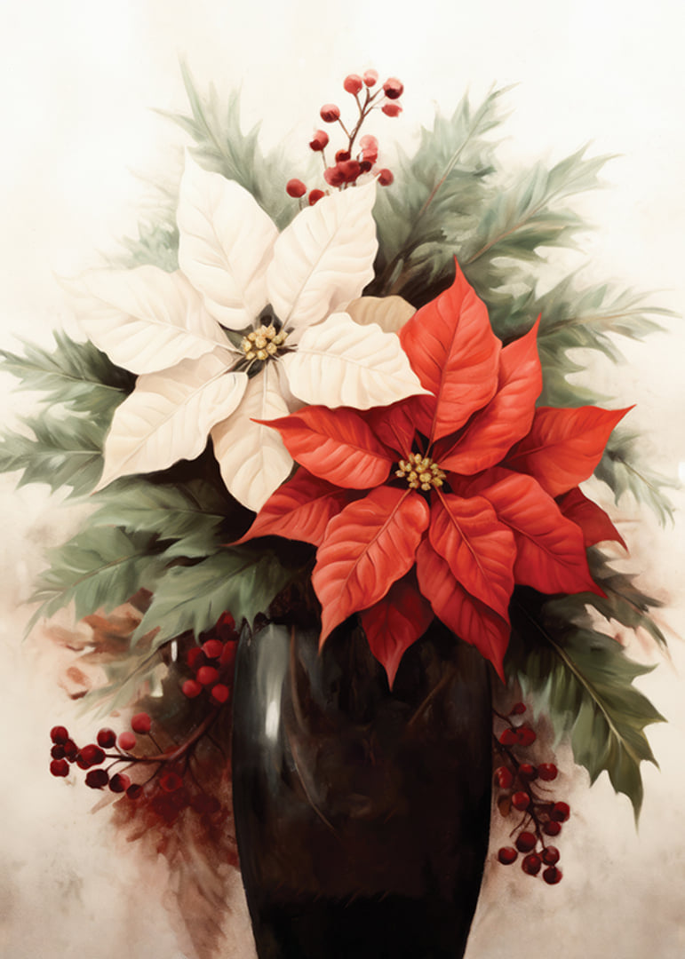 Watercolor of red and white poinsettias in dark vase-12
