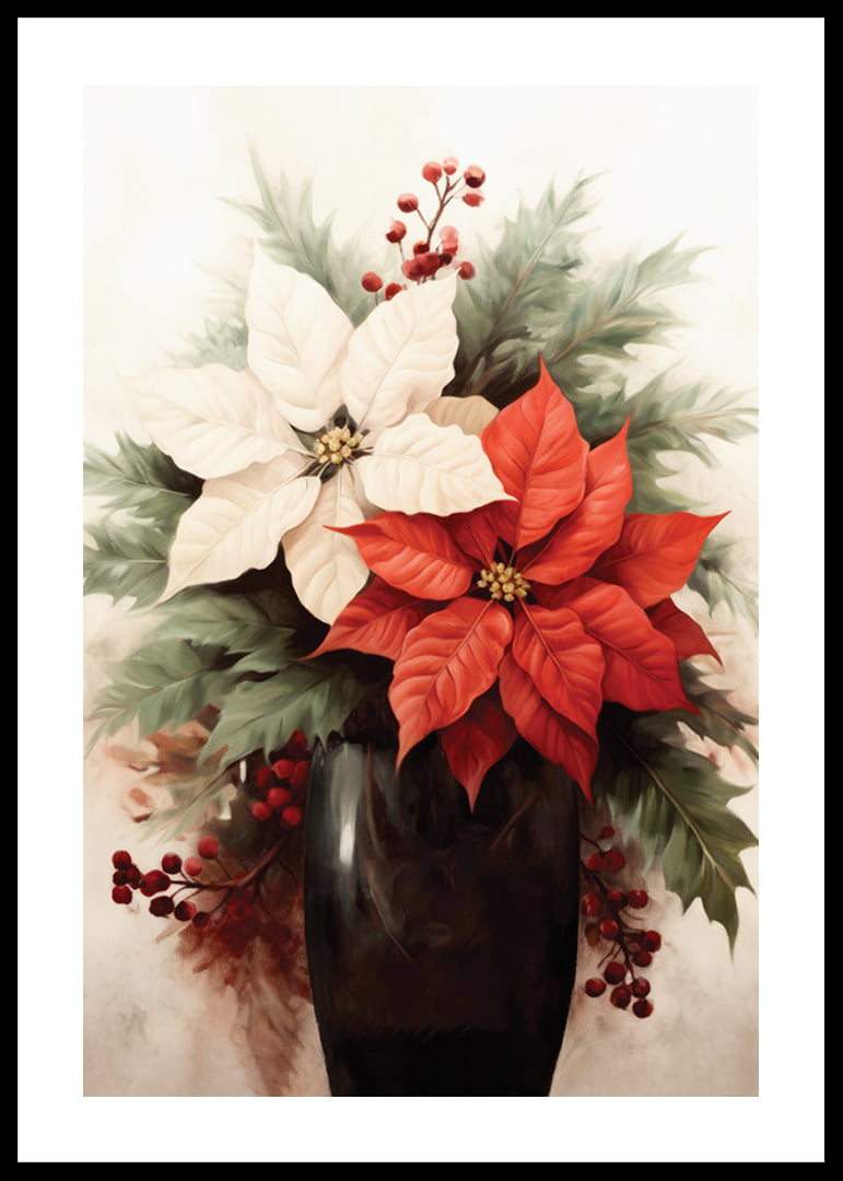 Watercolor of red and white poinsettias in dark vase-12