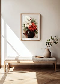 Watercolor of red and white poinsettias in dark vase-8