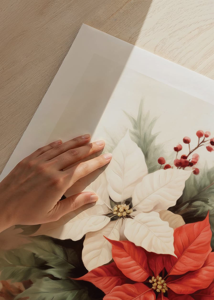 Watercolor of red and white poinsettias in dark vase-12