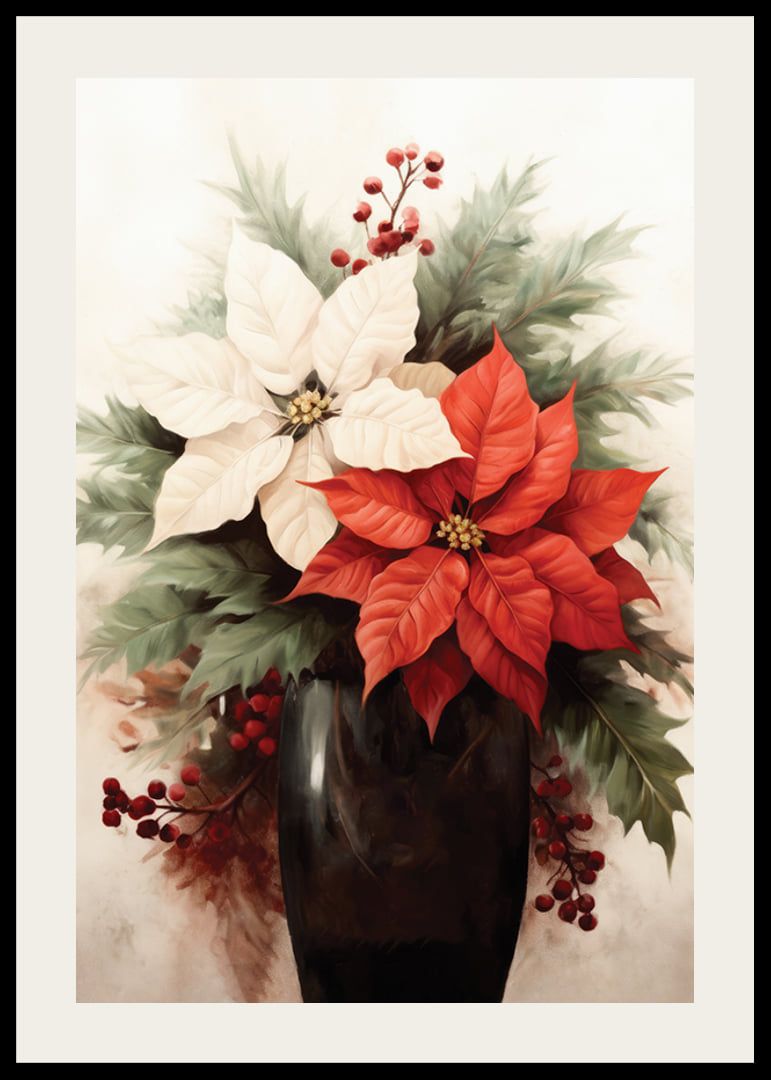 Watercolor of red and white poinsettias in dark vase-12