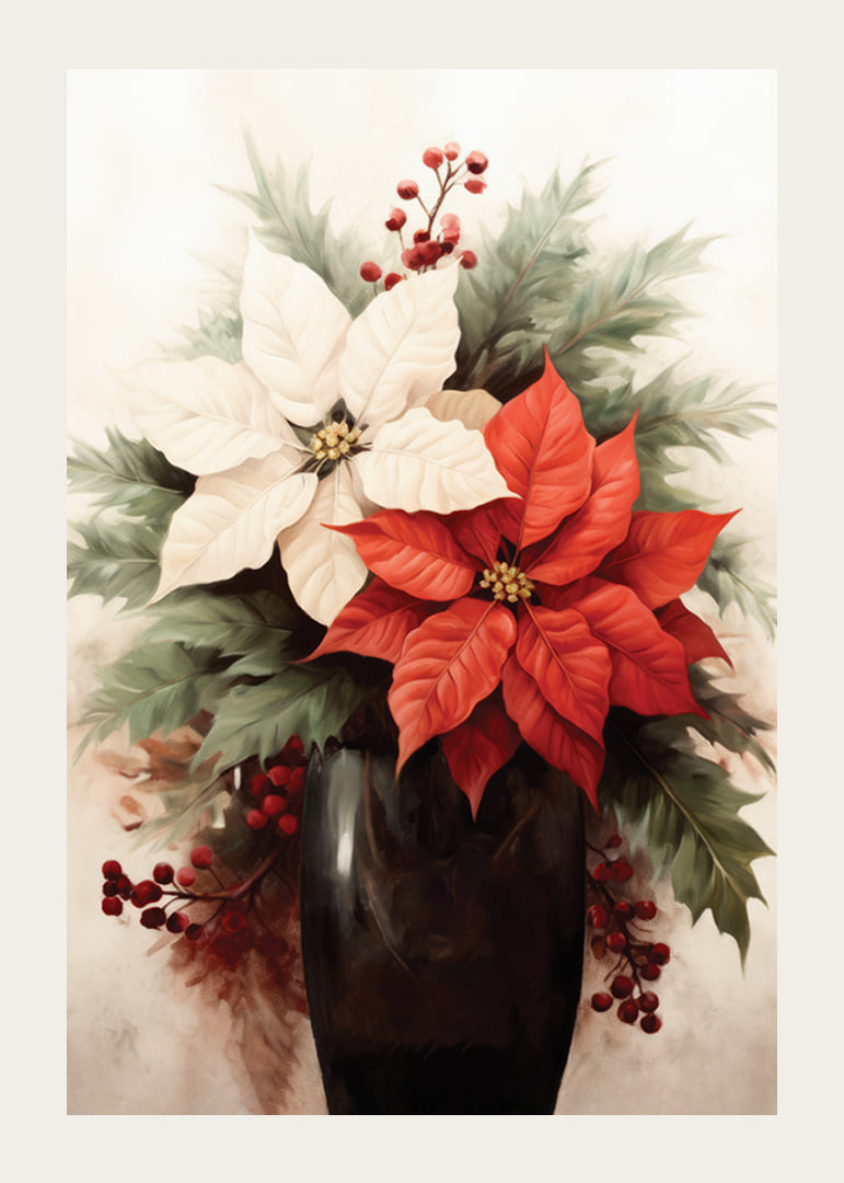 Watercolor of red and white poinsettias in dark vase-12