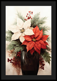 Watercolor of red and white poinsettias in dark vase-4