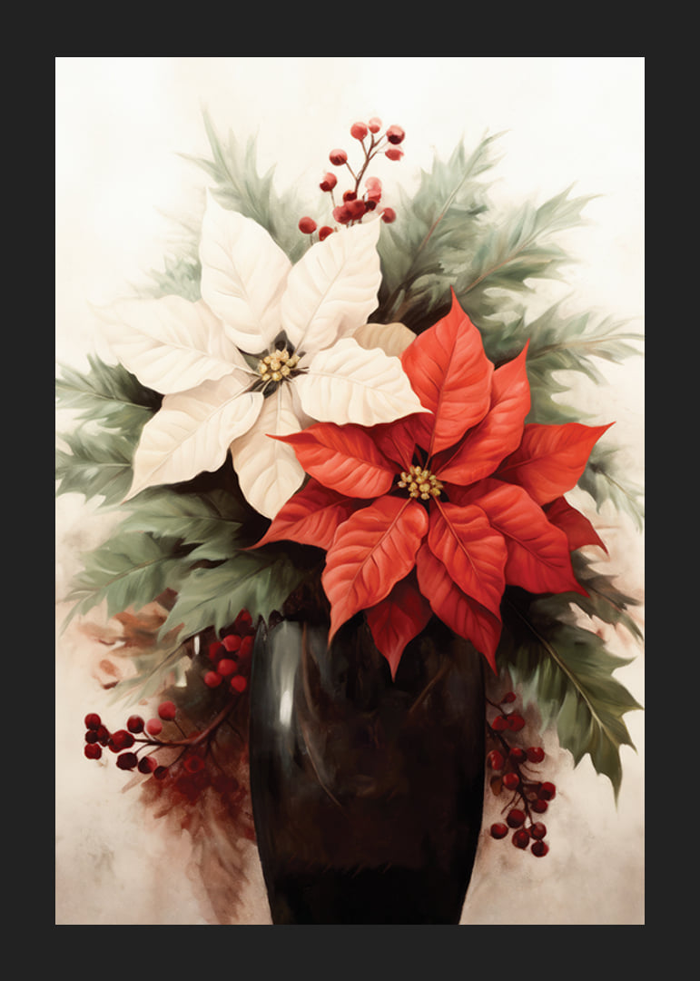 Watercolor of red and white poinsettias in dark vase-12