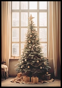 Christmas tree with gold and silver balls in front of large window-6