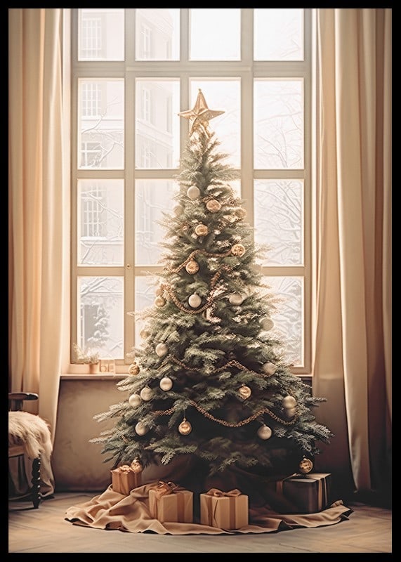 Christmas tree with gold and silver balls in front of large window-12