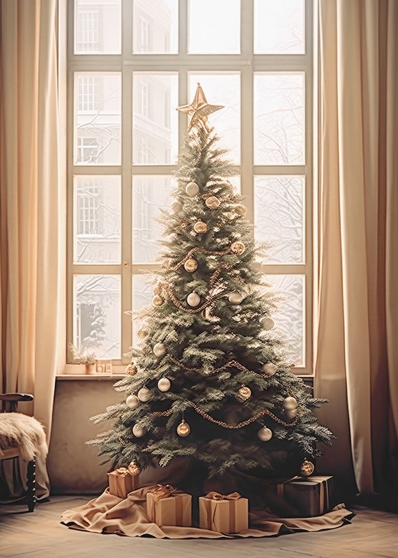 Christmas tree with gold and silver balls in front of large window-12