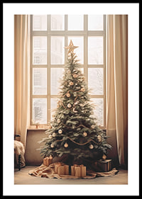 Christmas tree with gold and silver balls in front of large window-0