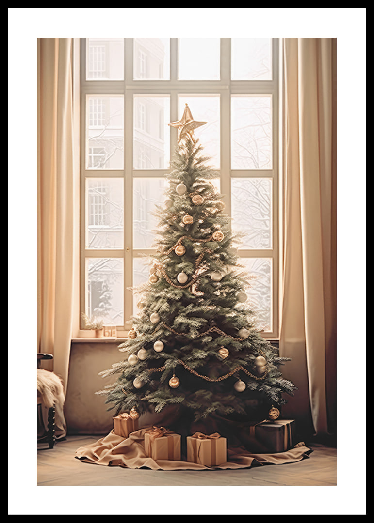 Christmas tree with gold and silver balls in front of large window-12