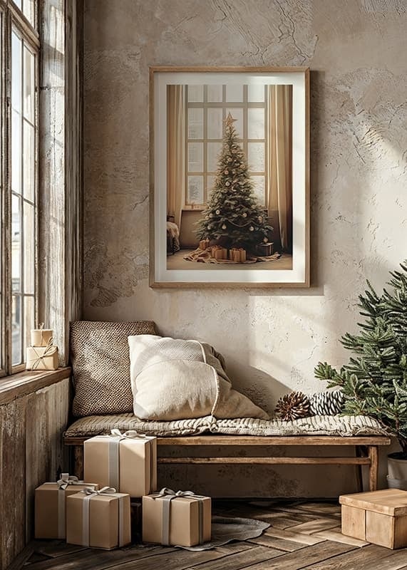 Christmas tree with gold and silver balls in front of large window-12