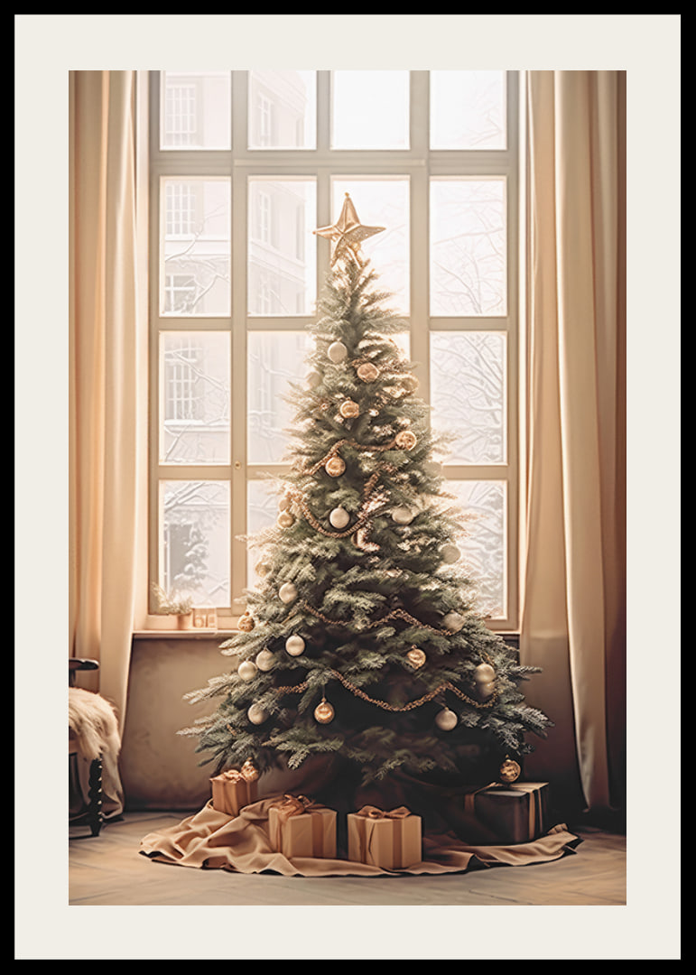 Christmas tree with gold and silver balls in front of large window-12