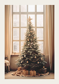 Christmas tree with gold and silver balls in front of large window-3