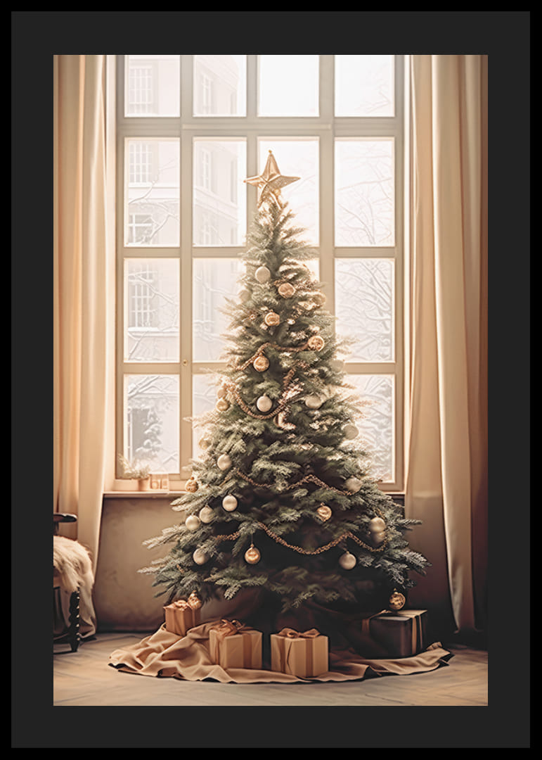 Albero di Natale con palline dorate e argentate davanti a una grande finestra-12