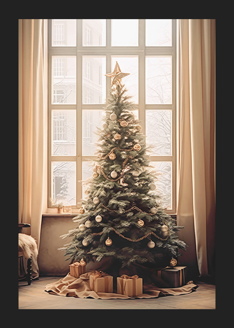 Albero di Natale con palline dorate e argentate davanti a una grande finestra-12